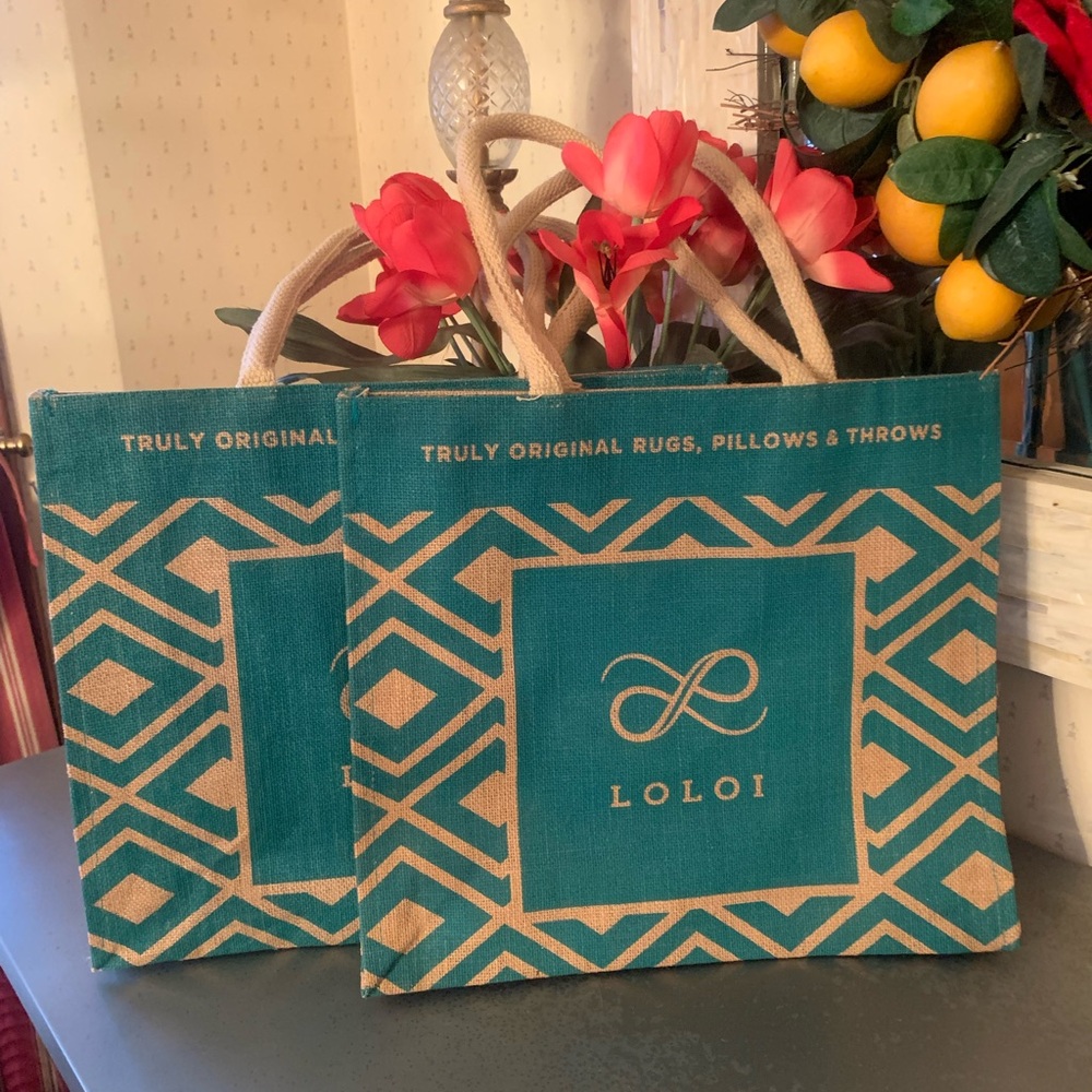 2 LOLOI, NEW NEVER OPENED OR CARRIED, TEAL Burlap shopping tote bags.